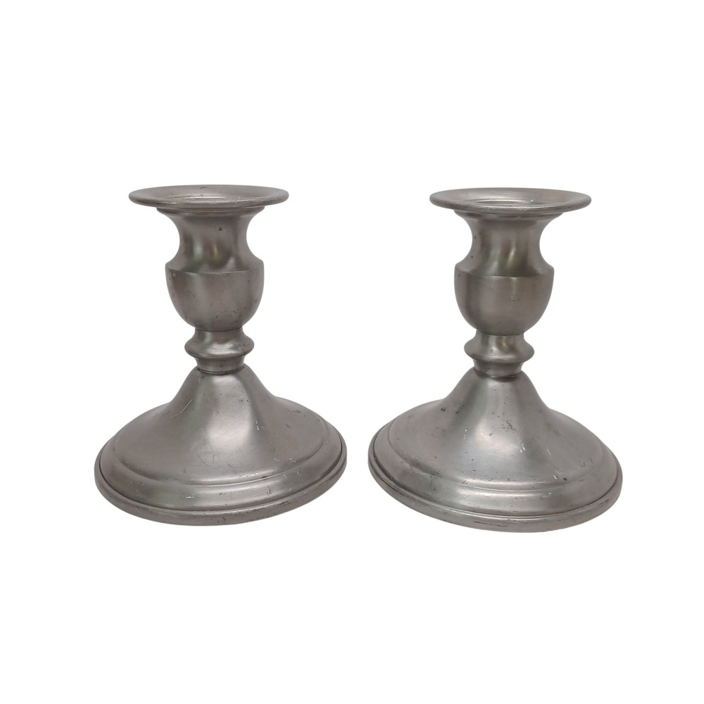Web Pewter Weighted Candlestick Pair Silver Tone Taper Candle Holders Set of 2